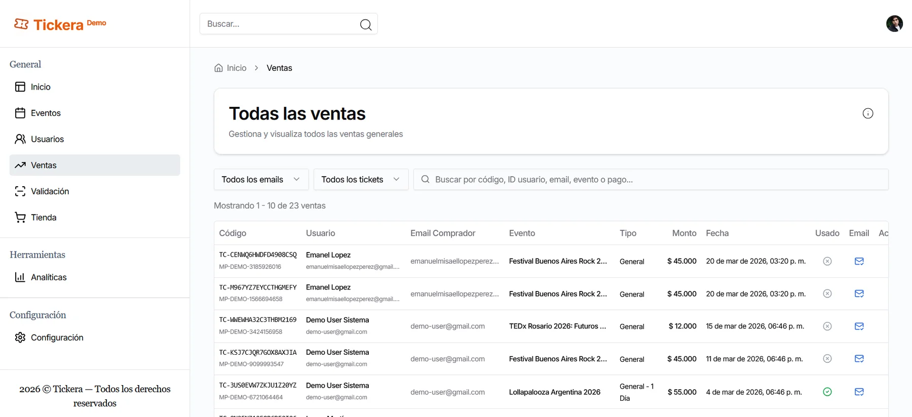 Tabla de ventas con transacciones y códigos de ticket